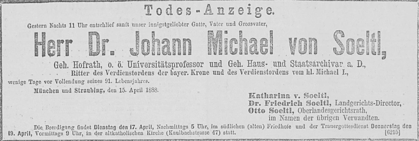 Todesanzeige für Dr. phil. Johann Michael Söltl