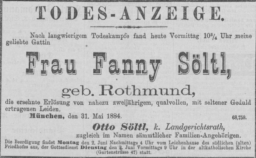 Todesanzeige für Fanny Söltl