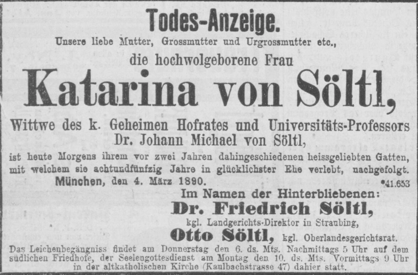 Todesanzeige für Katharina von Söltl