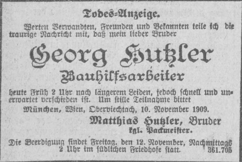 Todesanzeige für Georg Hutzler
