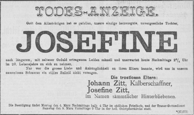 Todesanzeige für Josefine Zitt