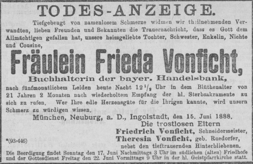 Todesanzeige für Frieda Vonficht